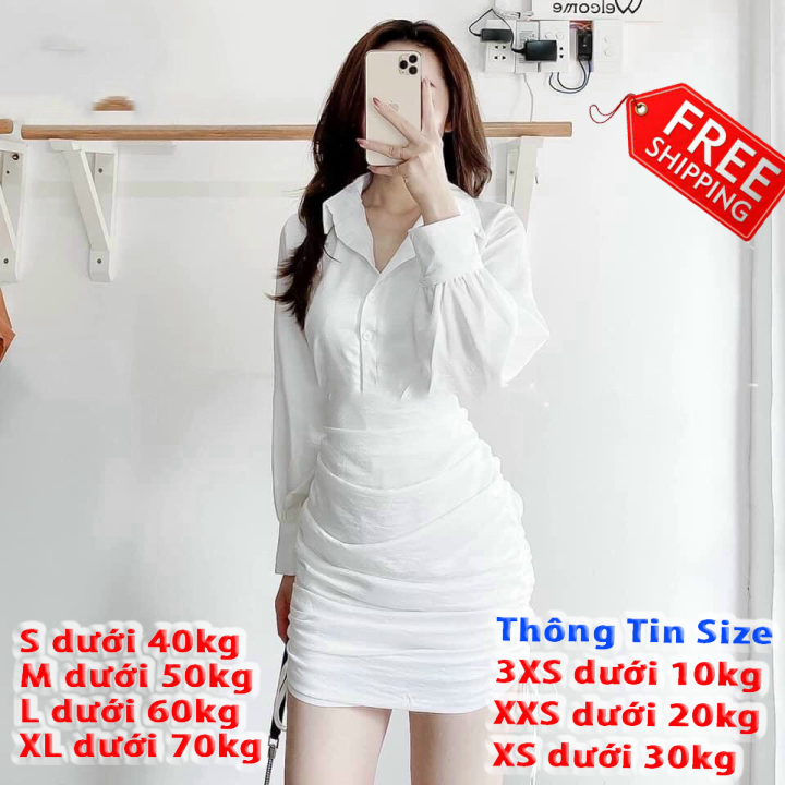 [HCM]Đầm cổ sơ mi rút dây chân váy siêu xinh tay dài có cúc đẹp mtb
