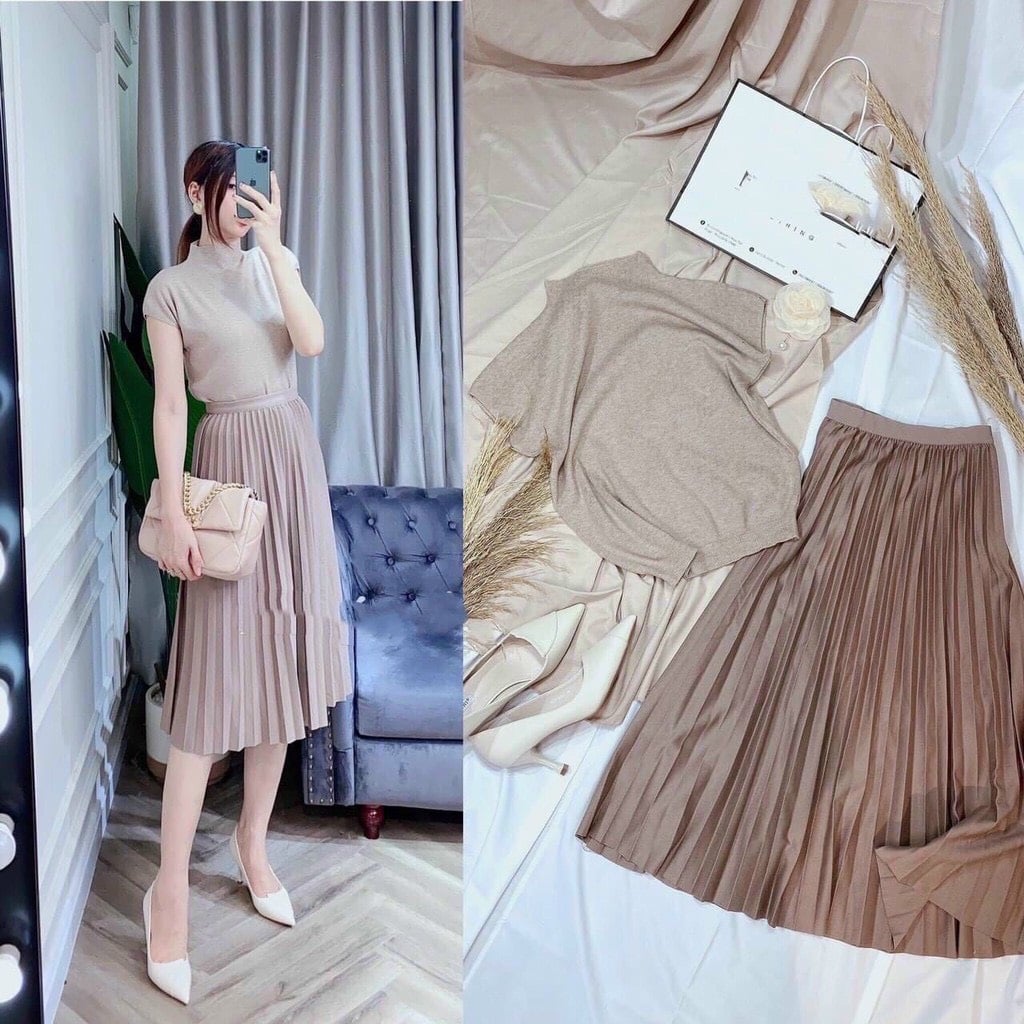 Chân váy xếp ly dáng dài cạp chun
