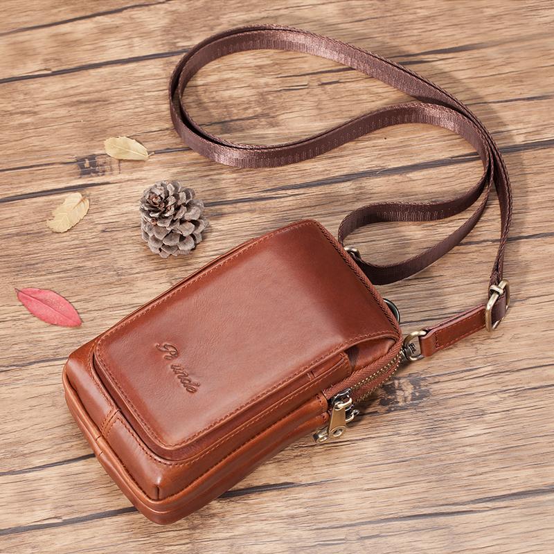 PIUNCLE Brand High Quality Genuine Leather Men's Mini Fanny Waist Pack Belt Bags Multi-function Leather Shoulder Bag For Men 6.5 Inch Cell/Mobile Phone Pouch Coins Pocket Money Purses Hip Bum Bags Vintage Cowhide Male Belt Wallet For Men Hook Hanging Bag