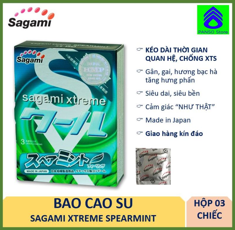 Bao cao su Sagami Extreme Spearmint (hộp 3 chiếc) - Bao cao su kéo dài thời gian quan hệ, chống xuất tinh sớm, hương thơm bạc hà - Made in Japan [PANSO Store]