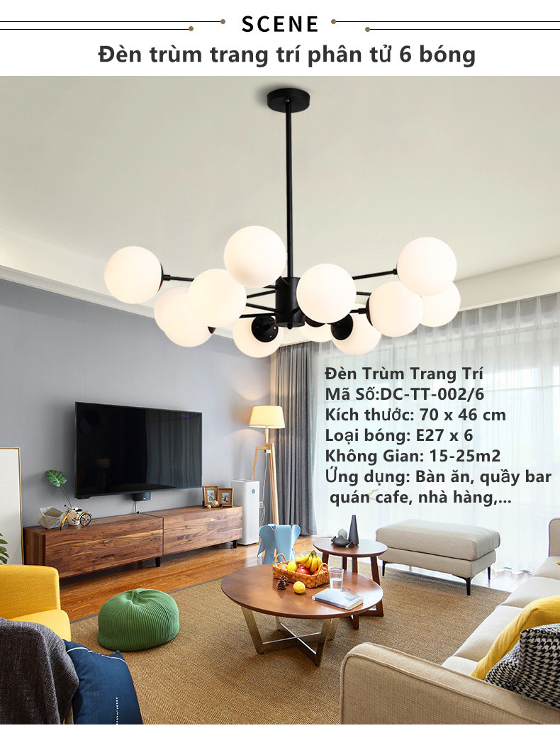 Đèn trùm trang trí phân tử 6 bóng 12 bóng