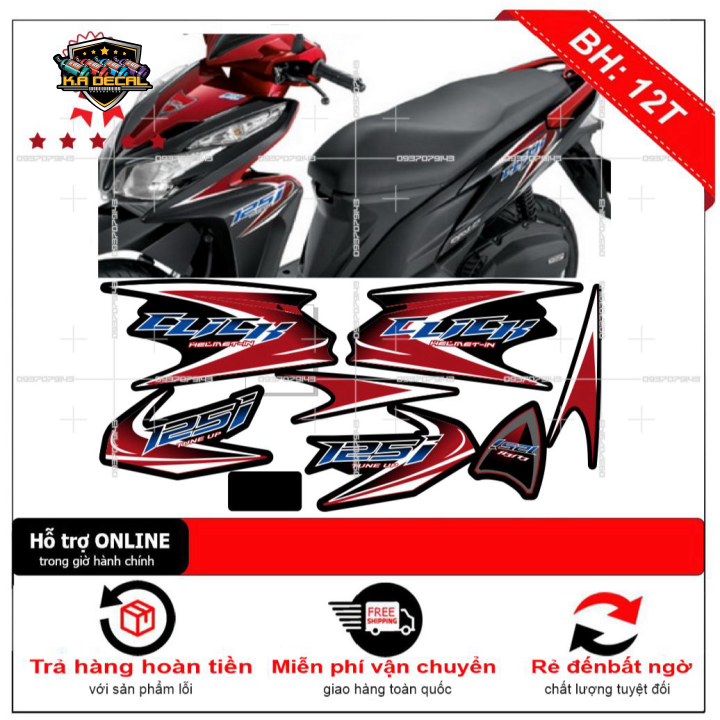 Tem rời dán xe Click 125i đỏ đen mẫu zin