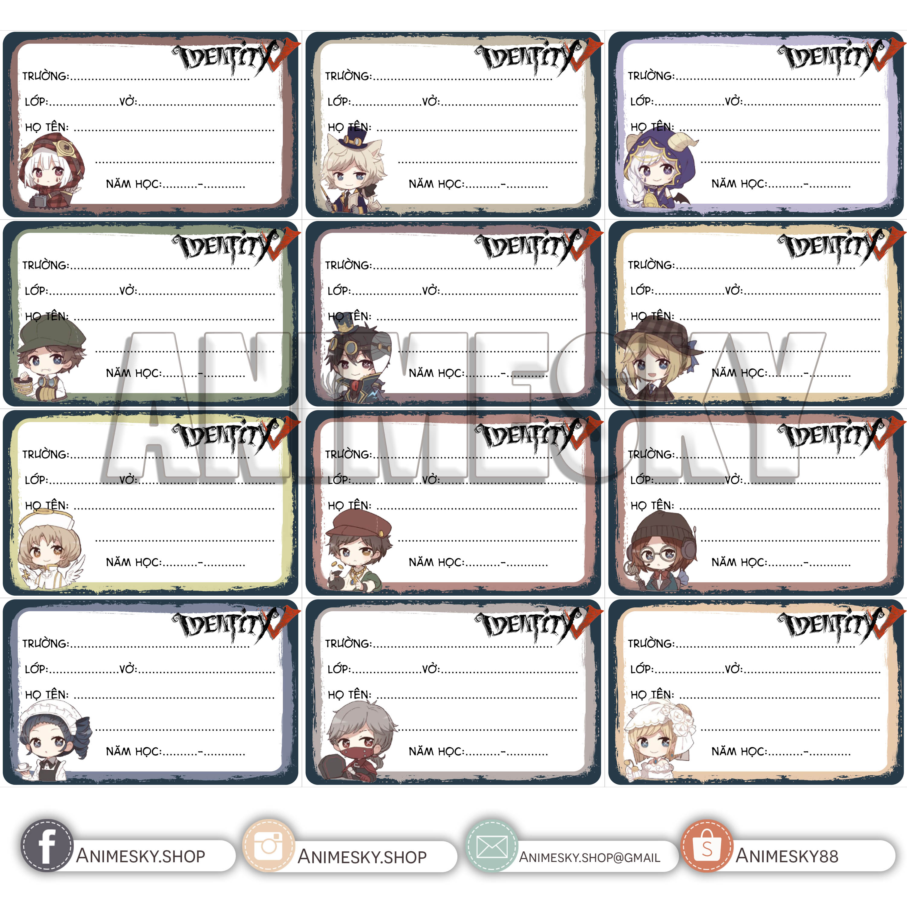 Nhãn vở game Identity V 1 bộ 12 mẫu
