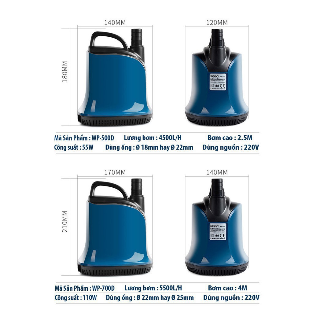 Máy bơm chìm SOBO WP-500D bơm hút cặn đáy, bơm chìm bể cá