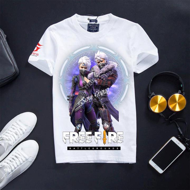 Áo Thun Free Fire cotton cổ tròn màu trắng cực chất in hình LÃNG KHÁCH TÍM &amp; NỮ HIỆP TÍM