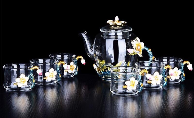 Hộp quà bộ ấm chén thủy tinh enamel HOA MƠ- SONG NGƯ HOA THẢO TRÀ