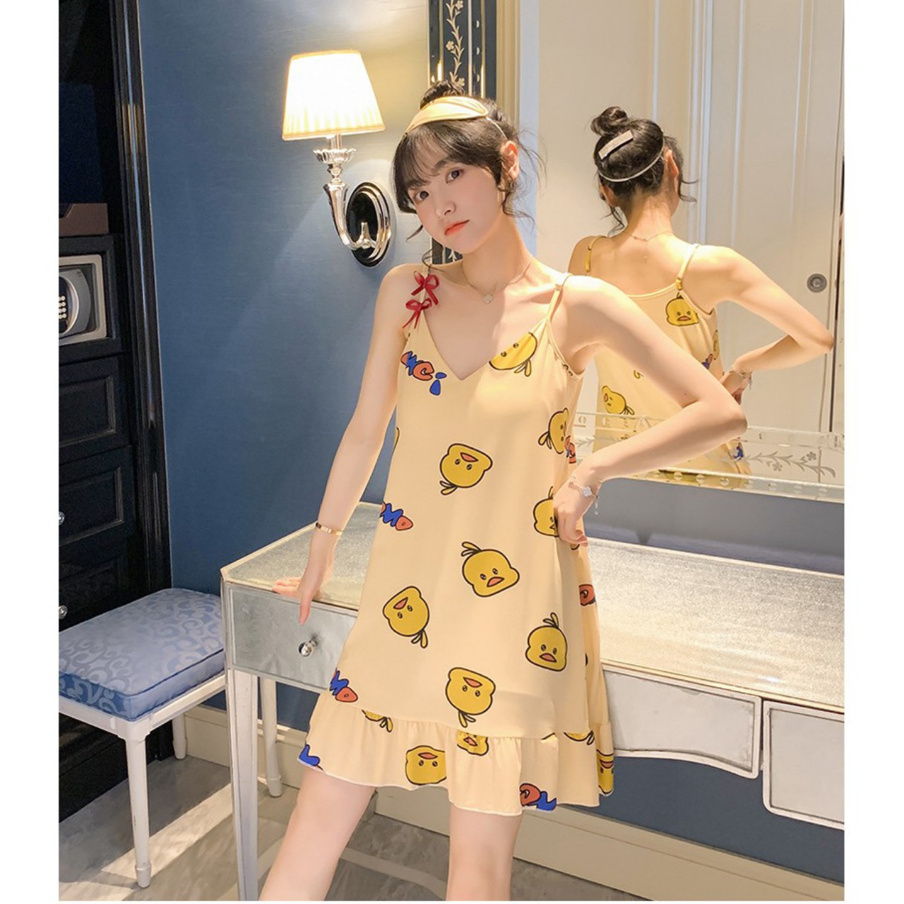 Váy ngủ Đầm ngủ hai dây có đệm ngực đầm mặc ở nhà đuôi xếp li D001( tặng kèm bịt mắt ) Nhiều Màu Siêu Kute