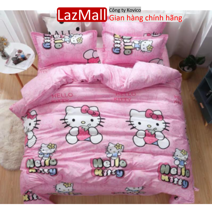 Ga trải giường,Drap ga giường vải cotton poly,đủ kích thước mẫu hello kitty ôm dâu Sunzin Kho chăn ga gối, ga giường, drap giường