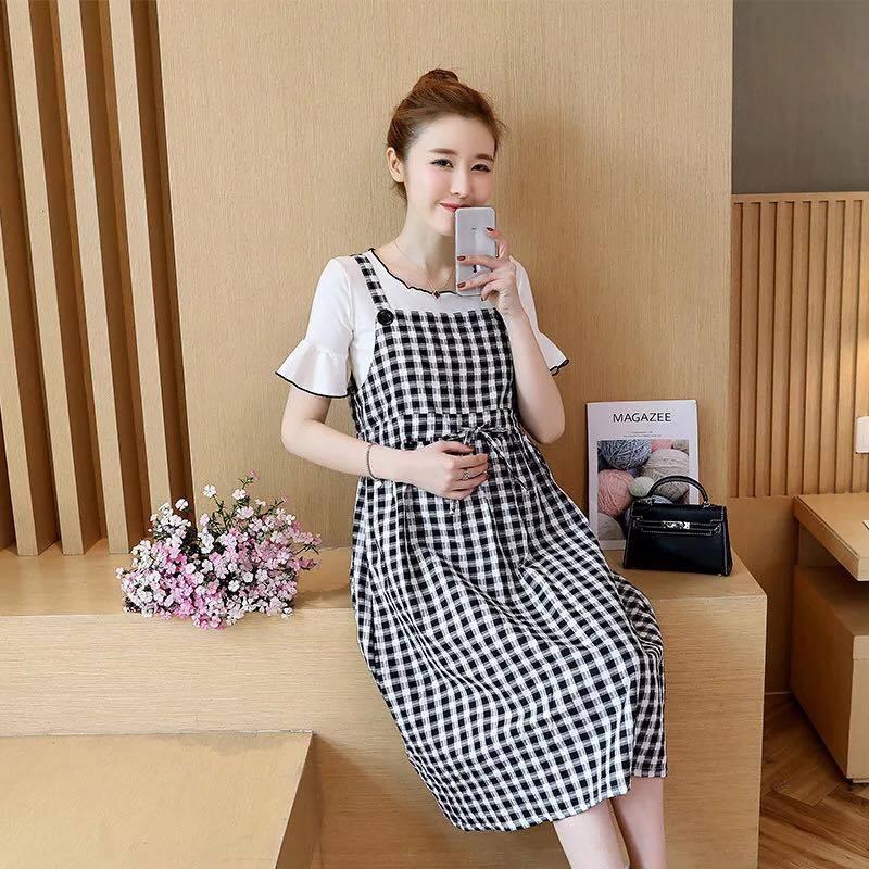 Váy Bầu Kẻ Giả Yếm Tay Loe Thời Trang