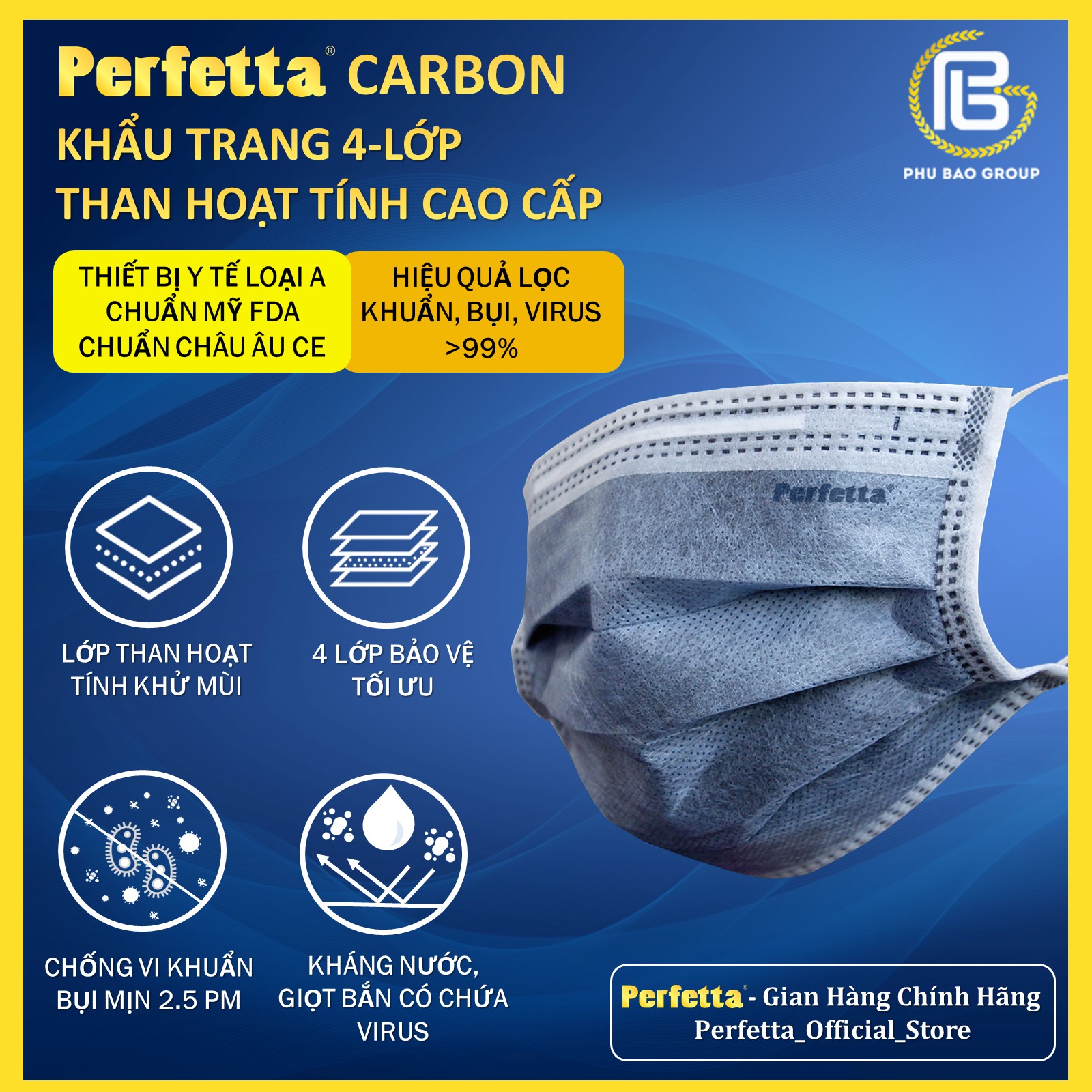 Bịch khẩu trang y tế cao cấp chính hãng Perfetta Carbon (5 cái/ bịch)