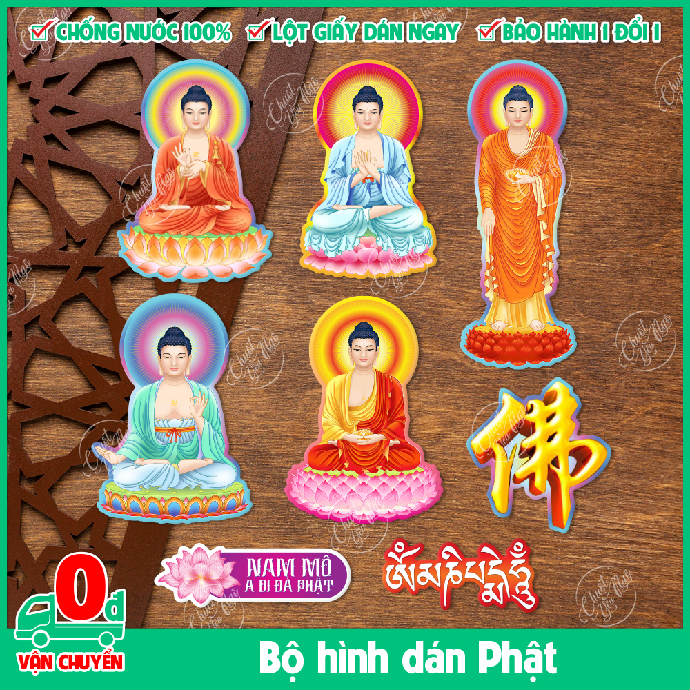 Bộ 5 miếng dán hình Phật dùng để trang trí cầu may mắn bình an