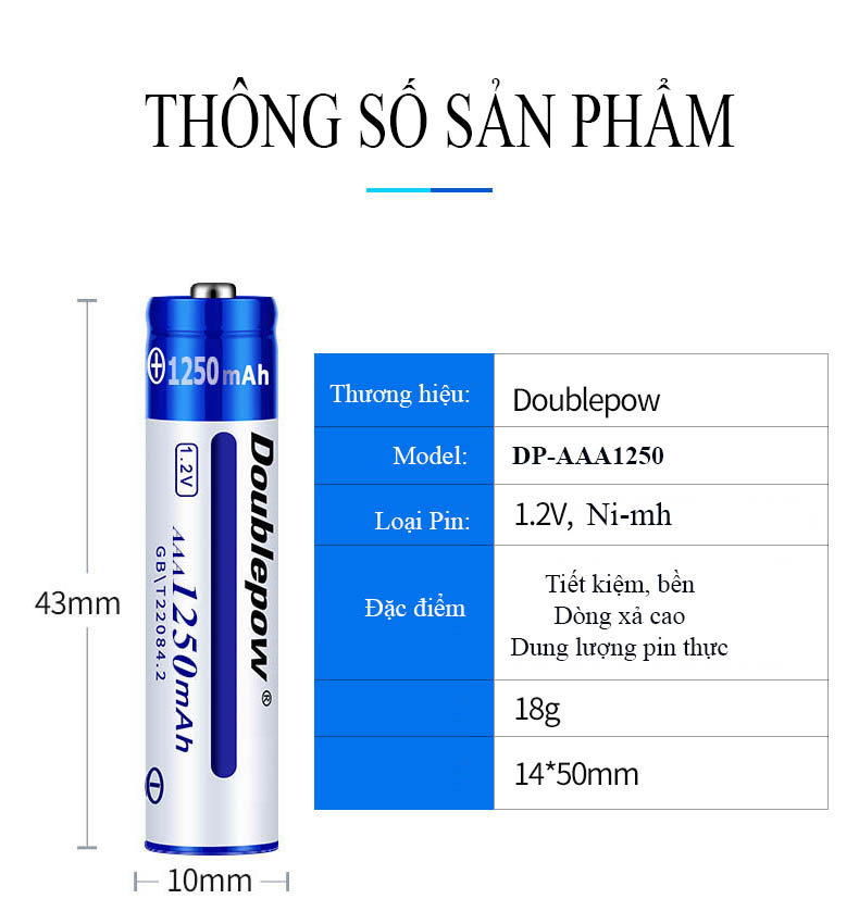 Pin sạc AAA 1250mAh Doublepow (Hộp 4 viên)