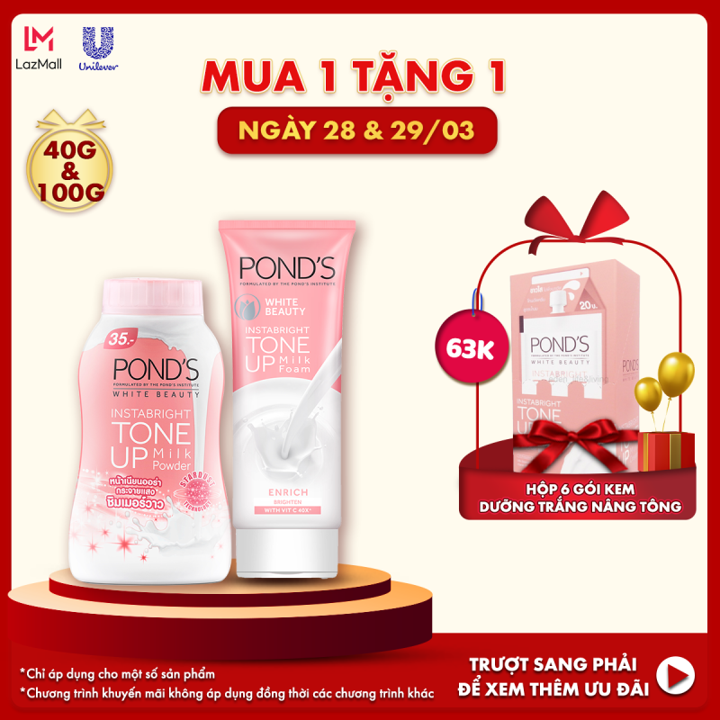 Combo Kem Sữa Rửa Mặt Ponds White Beauty (100g) Và Phấn Phủ Nâng Tông Ponds White Beauty (40g) giá rẻ