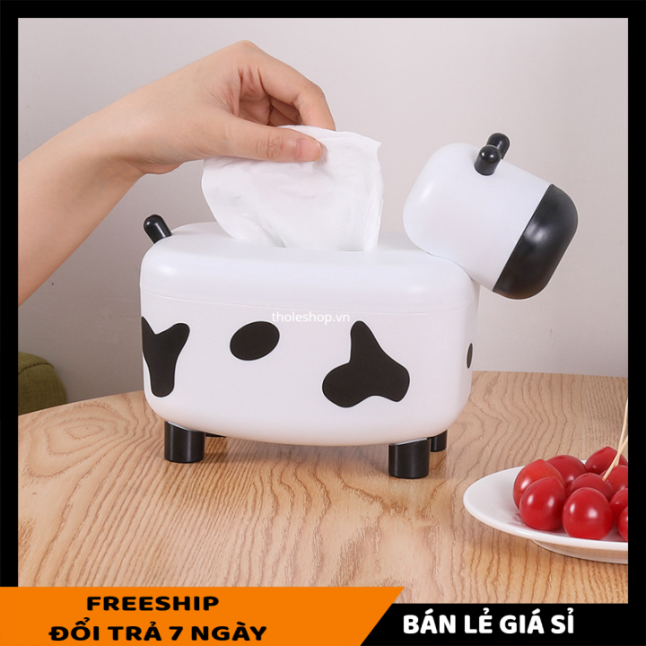 Hộp đựng khăn giấy để bàn hình bò sữa - Hộp đựng khăn giấy ăn đa năng có hũ lọ tăm tiện lợi - Hộp đưng khăn giấy 2in1 đáng yêu