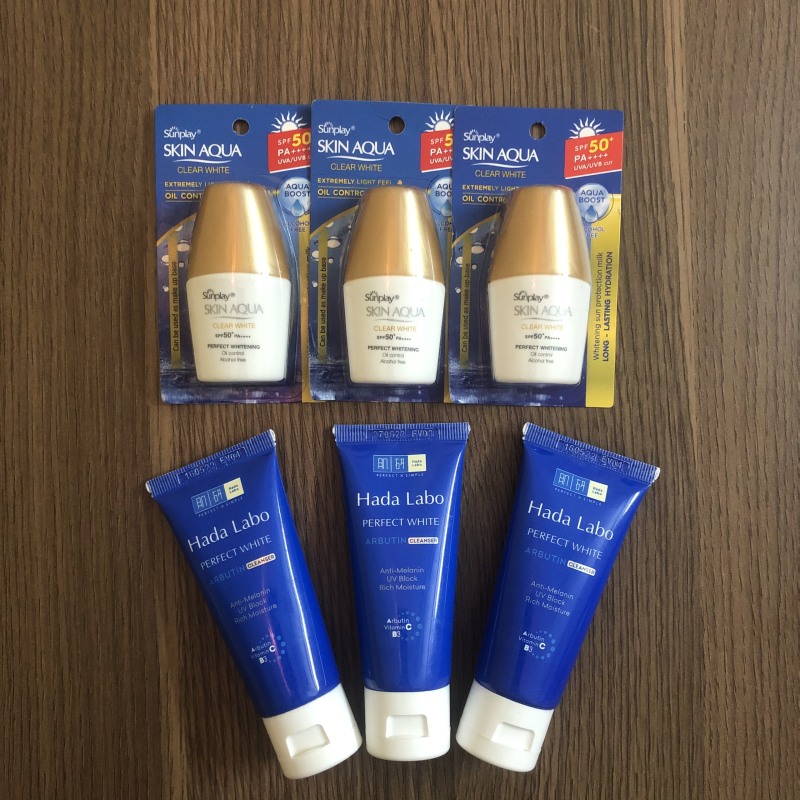 [Bộ SRM + Chống Nắng] Combo 3 Tuýp Kem Rửa Mặt Dưỡng Trắng Hada Labo Perfect White Cleanser 25g + 3 Chai Kem Chống Nắng Sunplay Skin Aqua SPF 50+ PA++++ 5g