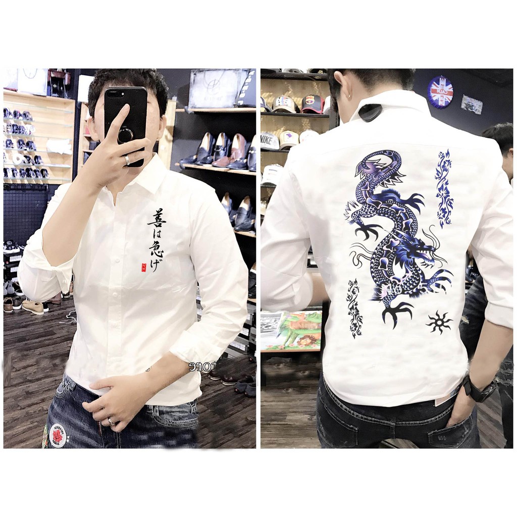 Áo sơ mi nam trắng họa tiết rồng cực chất | giá cực sốc hương nemo style