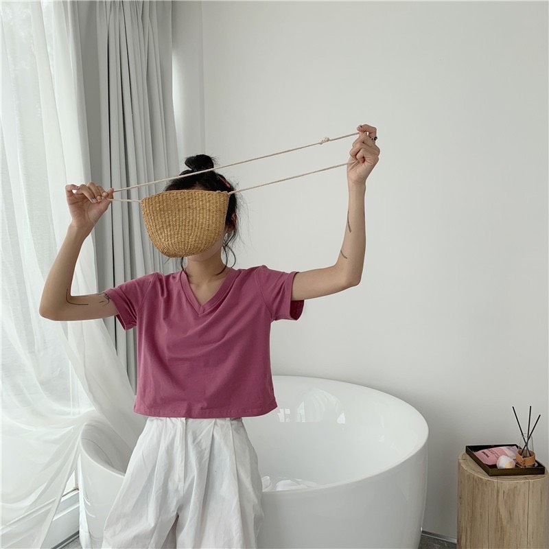 Áo thun nữ, áo thun cổ tim, áo thun croptop cổ tim nữ thời trang
