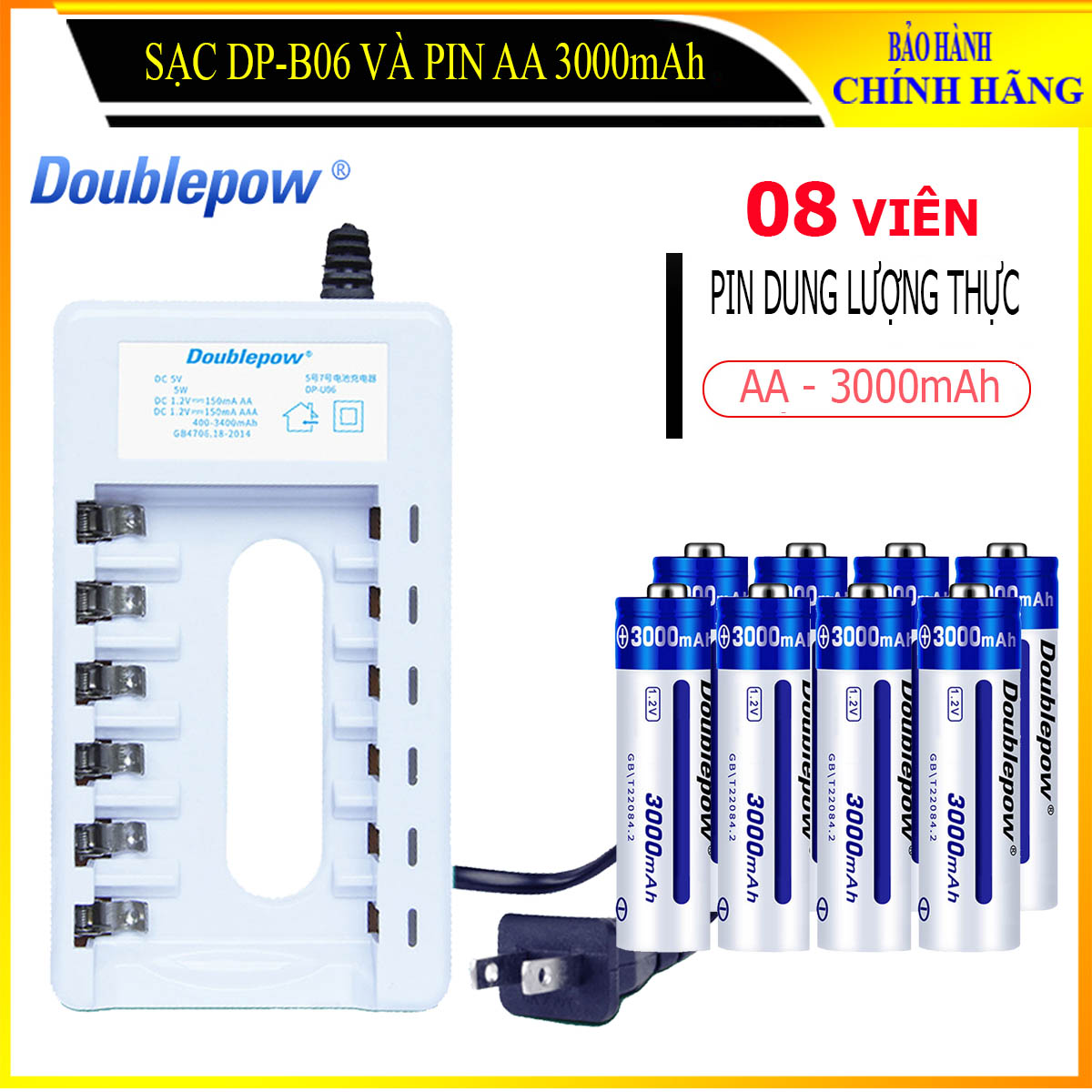 Combo Bộ sạc pin đa năng AA AAA DP-B06  và 08 viên pin AA 3000mAh (Pin 3000 xanh)  (có hộp đựng pin) Doublepow - Chất lượng cao