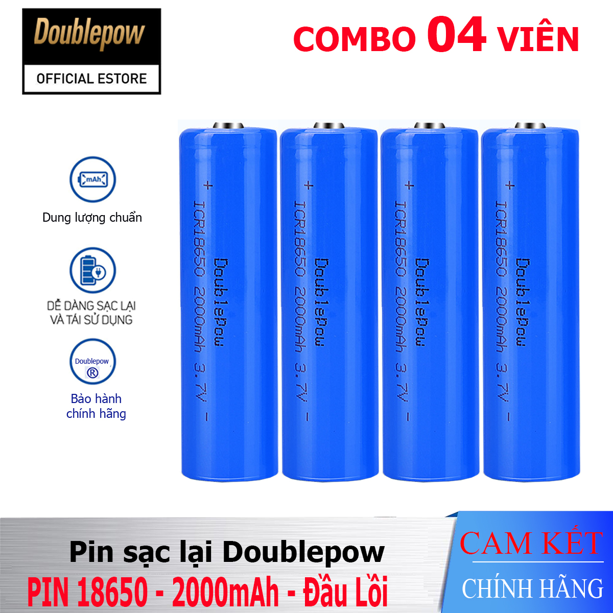 Pin sạc Lithium 18650 - 2000mAh đầu lồi Doublepow, pin dung lượng thực