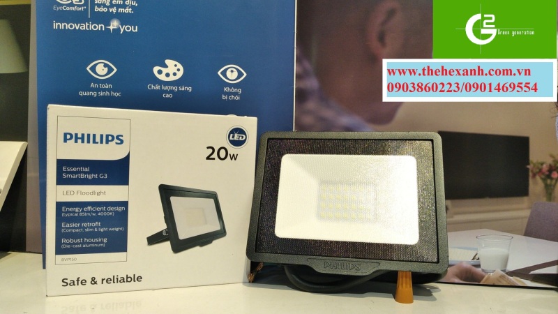 Đèn pha Philips LED chống nước chuẩn IP65 BVP150 20W SWB CE (Trắng/Vàng/Trung tính)