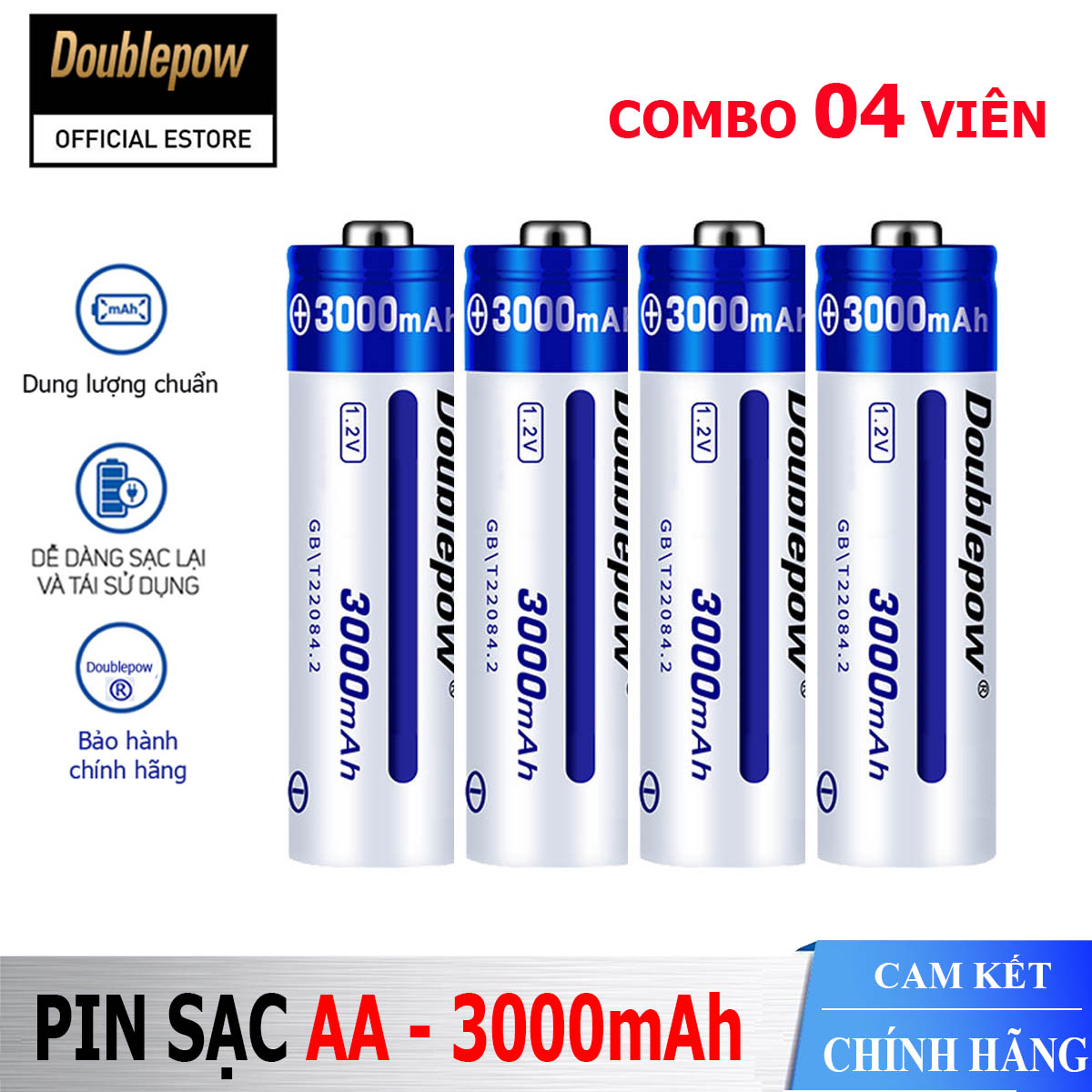 [Hộp 4 viên] Pin tiểu sạc AA 3000mAh Doublepow cao cấp (pin xanh) - Bảo hành chính hãng
