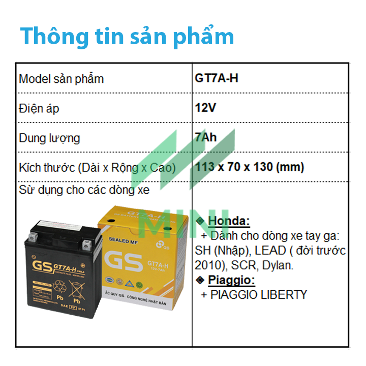 Bình ắc quy khô GS GT7A-H (12V-7Ah)