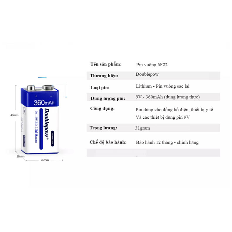 Pin sạc 9V 6F22 -  360mAh (loại pin vuông) Doublepow - Pin chuẩn