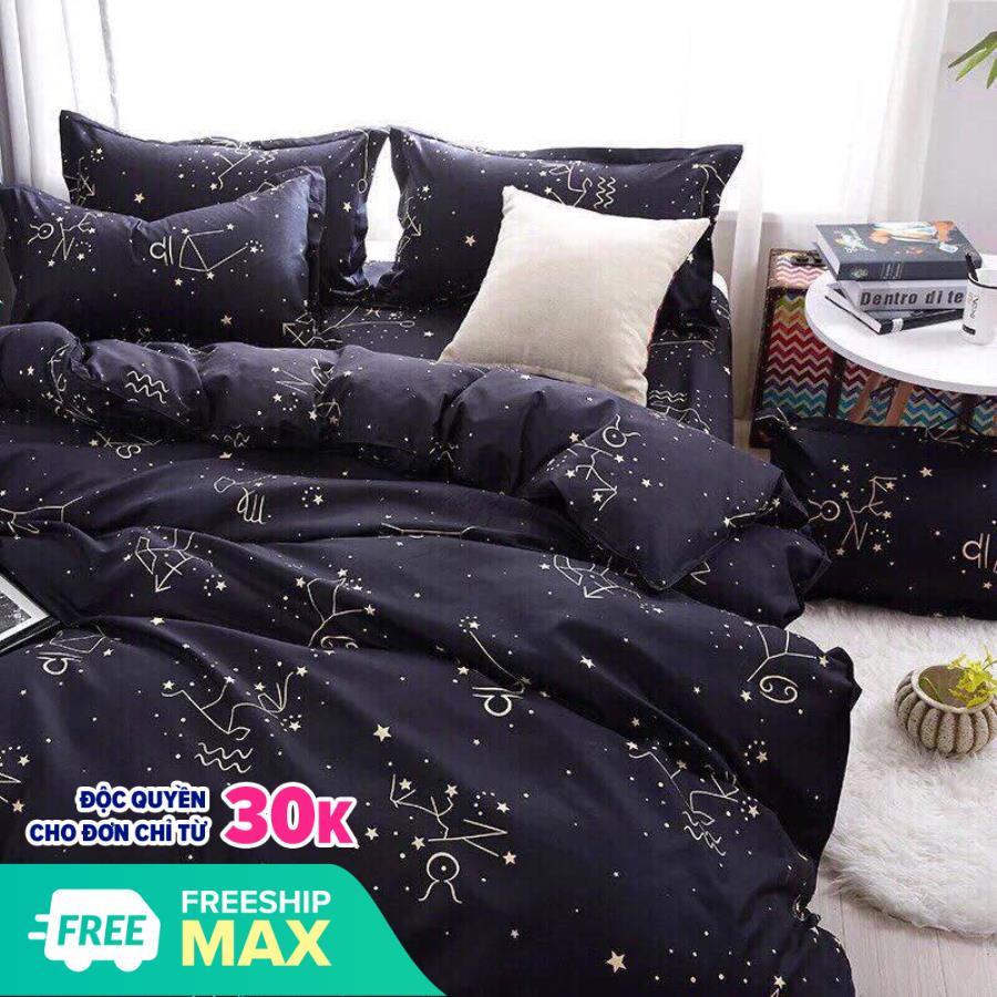 Bộ ga và 2 vỏ gối Cotton Poly Mẫu SAO ĐEN.  Kiểu dáng Hàn Quốc với mùa sắc sang trọng, trẻ trung trên chất liệu thun mềm mát.