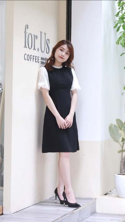 Váy công sở cổ tròn tay bồng – No Brand >>> top1shop >>> lazada.vn