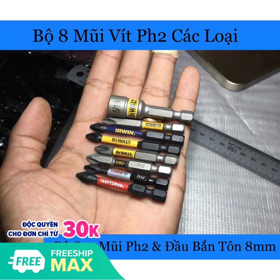 Bộ 8 mũi vít chính hãng ph2 & 8mm có từ