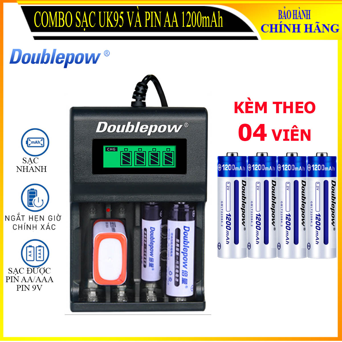 Combo sạc pin thông minh tự ngắt DP-UK95 và 4 viên pin AA 1200mAh (dung lượng thực)-