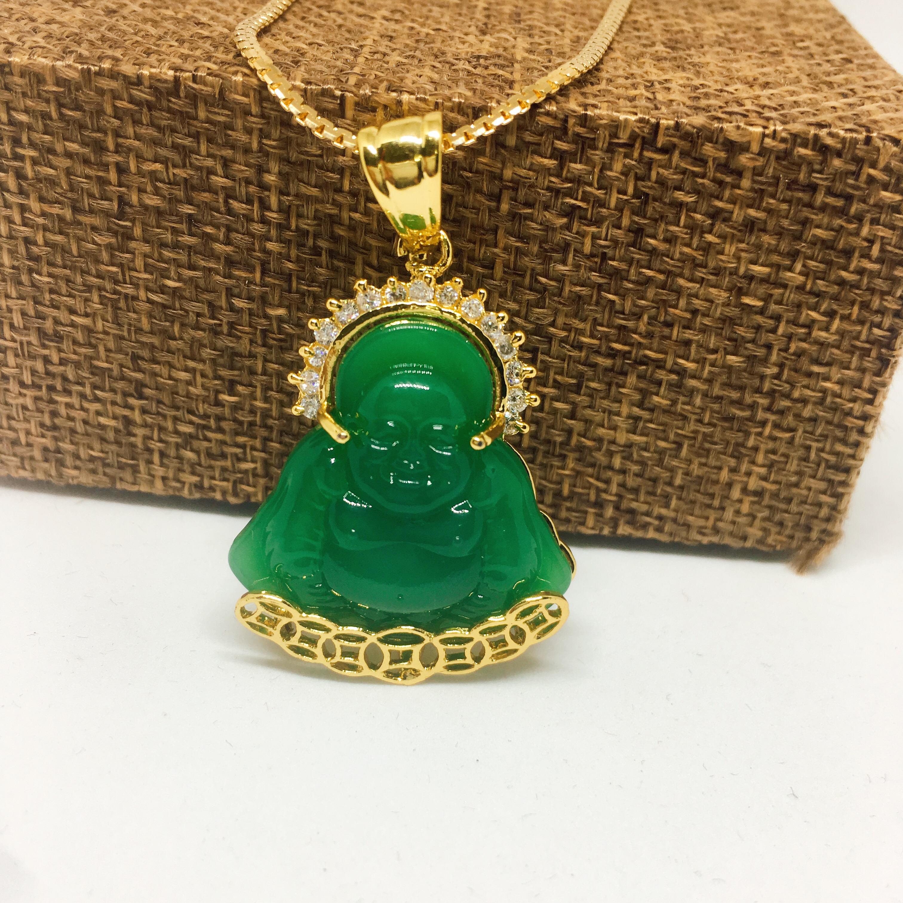 Dây chuyền nữ mặt Di lạc đá LAMASIA bọc bạc Thái mạ vàng, trang sức phong thủy, may mắn, tài lộc, trang sức cao cấp (dây và mặt) (màu xanh)