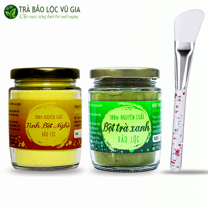 Combo Tinh Bột Nghệ + Bột Trà Xanh - Nguyên Chất Vũ Gia (100gr/hũ) + Tặng Cọ Quét Mặt Nạ Silicon Cao Cấp - Hỗ trợ dạ dày tiêu hóa làm đẹp dưỡng da xóa mờ tàn nhang thâm nám - Đã được kiểm nghiệm y tế