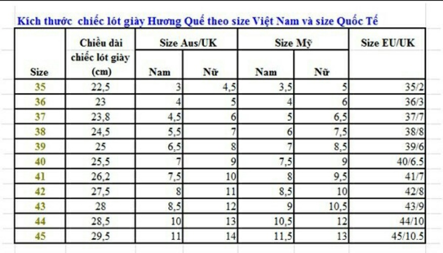 Lót giầy Hương Quế các cỡ