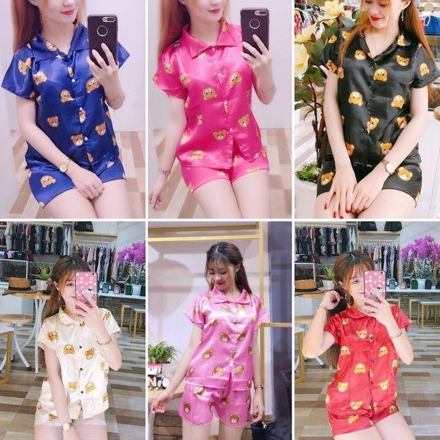Pijama phi bóng ngắn in hình gấu Freesize từ 35-48kg