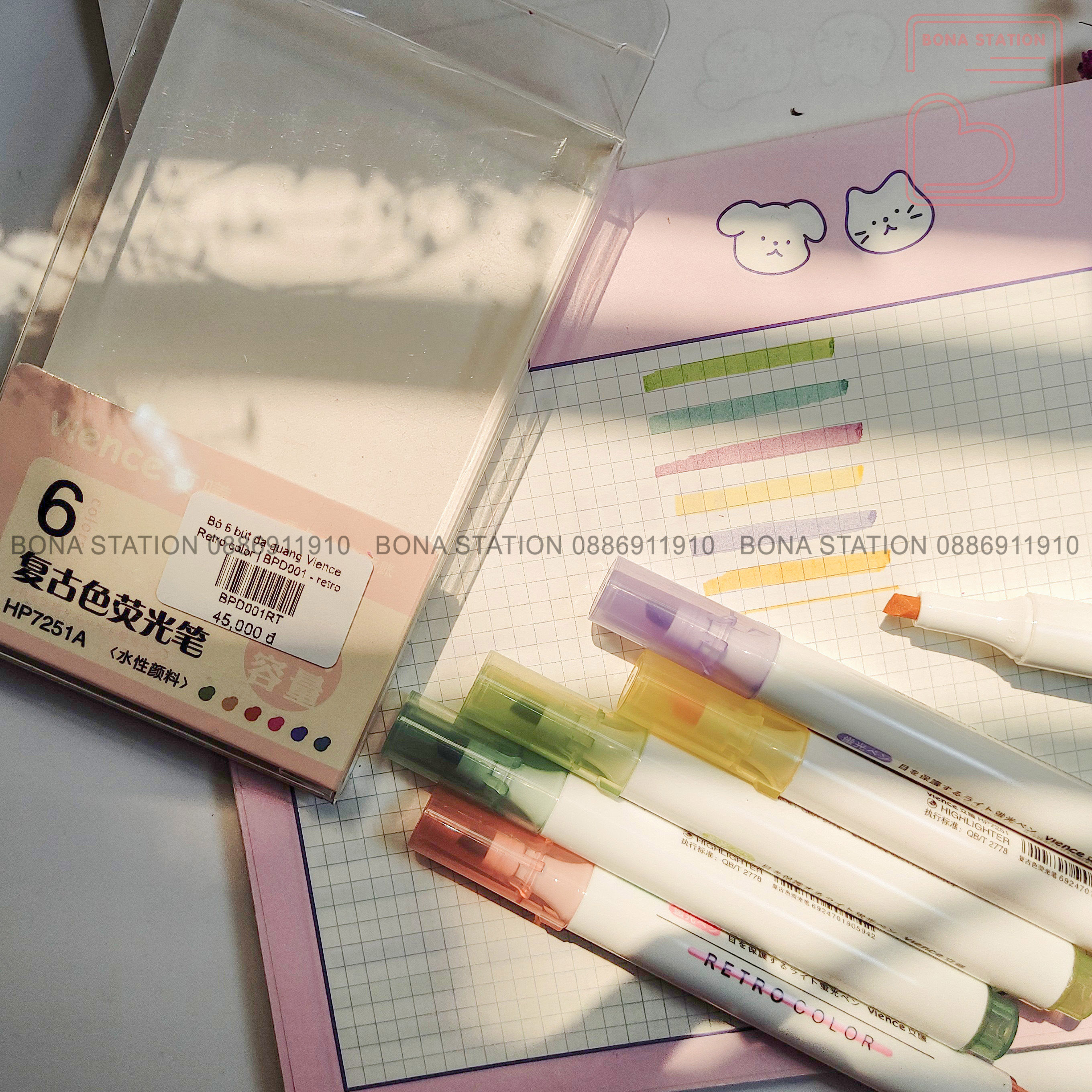 [HCM]Bộ 6 bút highlight Vience Retro morandi macaron | BPD001