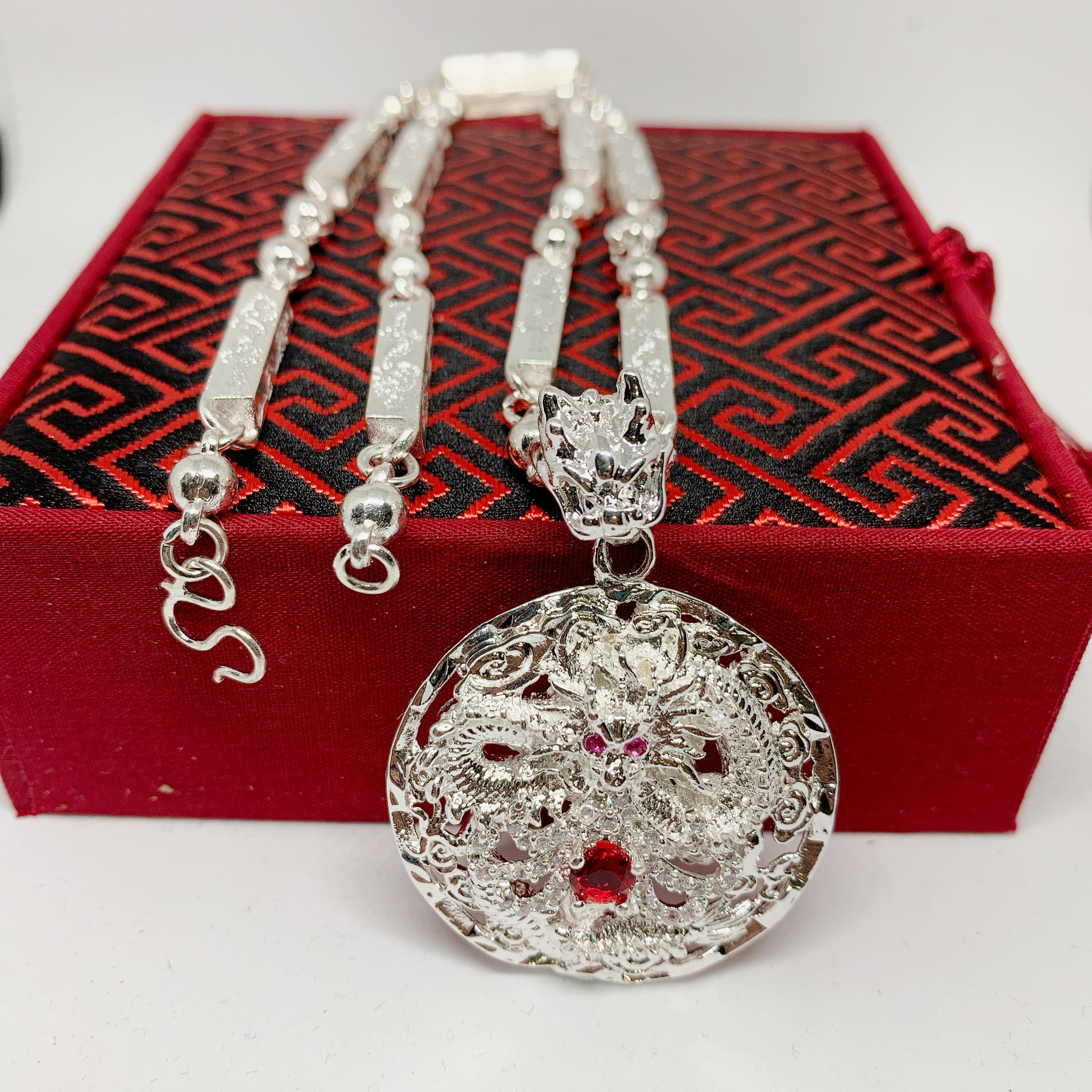 Bạc Thái Cao Cấp Dây chuyền Phong thủy Mặt Thiên Long đính đá Bạc Thái Cao Cấp - dây chuyền nam, dây bạc, vòng cổ, day chuyen (dây và mặt) ( Màu bạc)