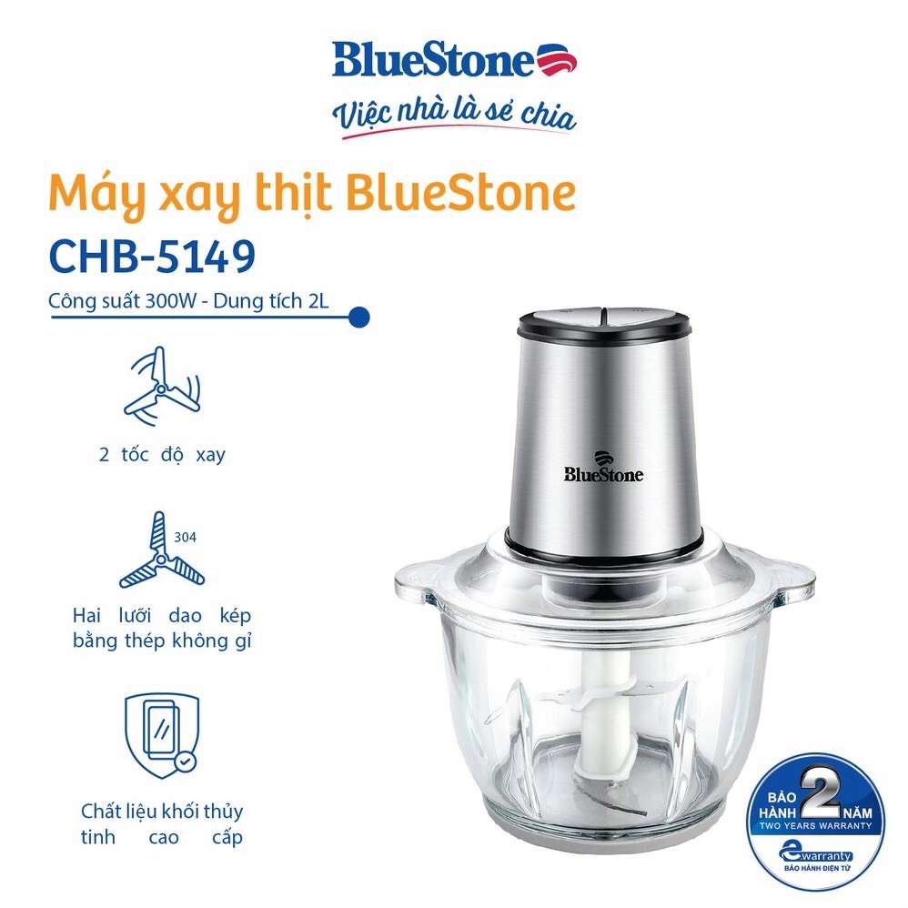 Máy Xay Thịt BlueStone CHB-5149 (2L) - 2 Lưỡi Dao Kép - Cối thủy tinh chịu nhiệt cao cấp - Công suất mạnh mẽ 300W - Bảo hành 24 tháng - Hàng chính hãng