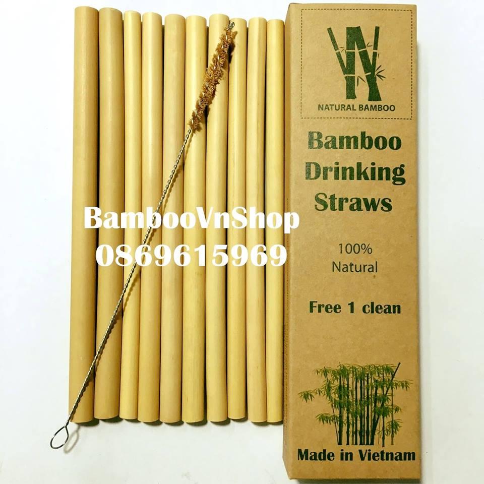 Ống hút tre - Hộp 10 ống hút tre + 1 que cọ xơ dừa - Bamboo Straws