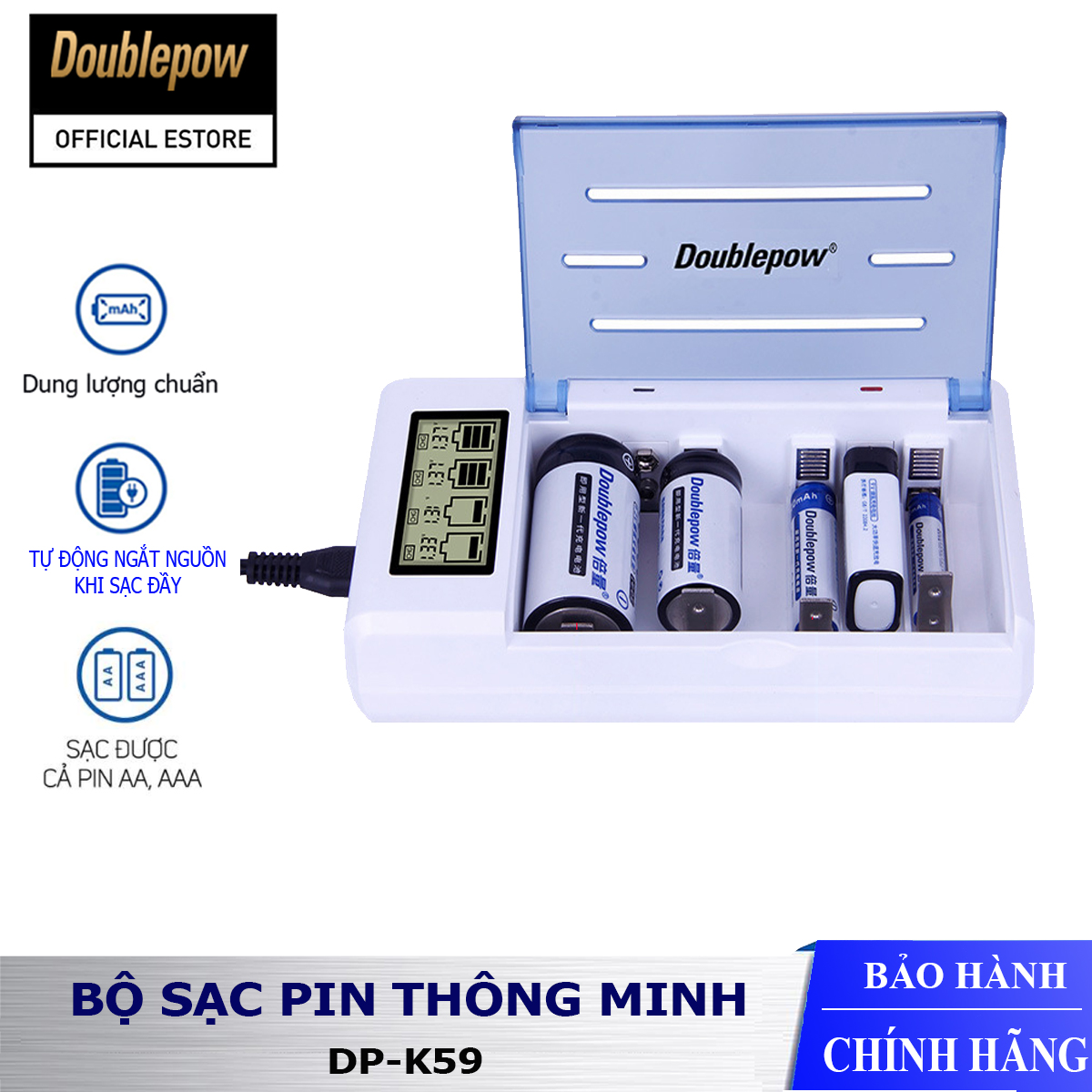 Bộ sạc pin đa năng, sạc nhanh  thông minh tự ngắt, màn hình hiển thị LCD Doublepow DP-K59 - Bảo hành chính hãng