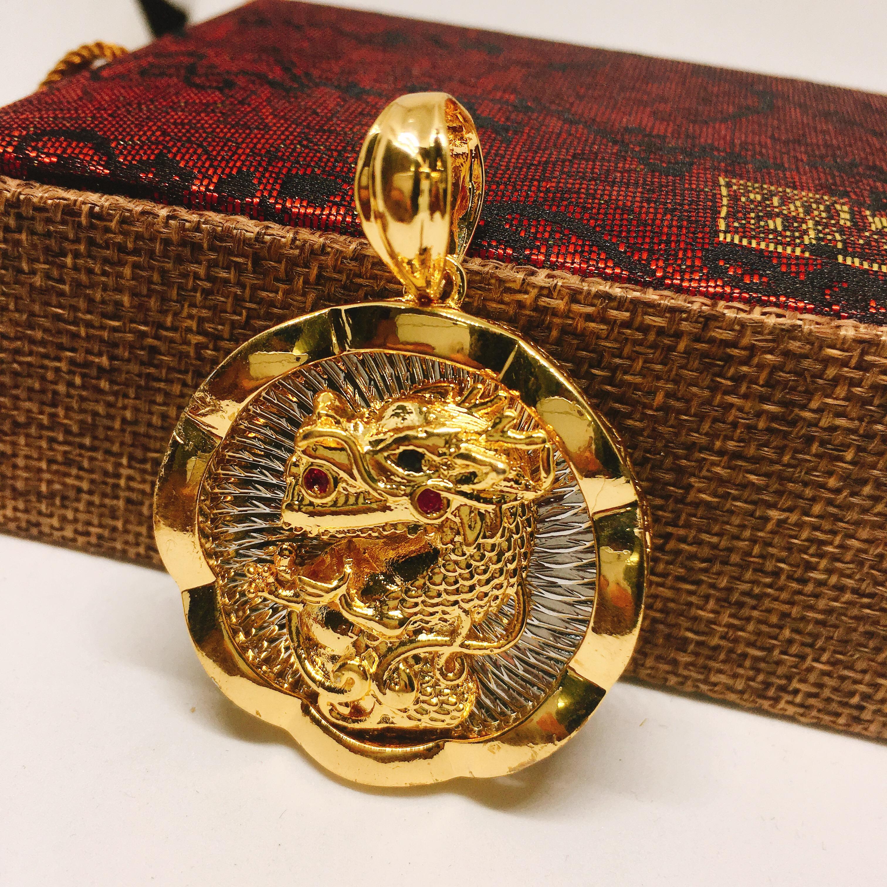 Mặt dây chuyền bạc Thái mạ vàng Rồng tròn đính đá, mặt vòng cổ phong thủy, mặt dây chuyền vàng ( màu vàng)