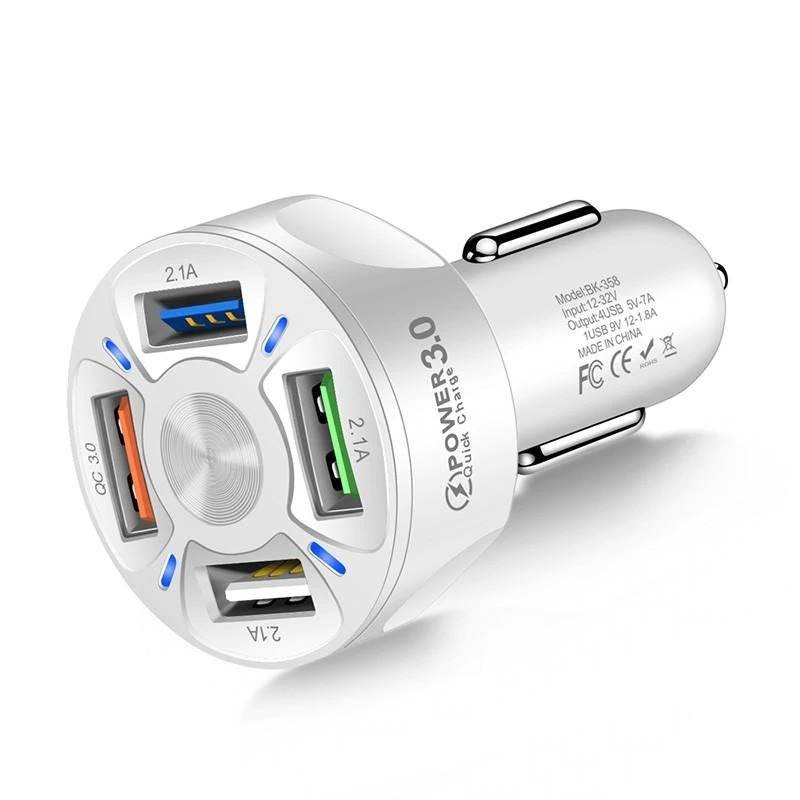 Car Charger 18W QC 3.0, car charger cup 4 Ports Charging Led Light Beautiful Safe Protection, car phone fast charger