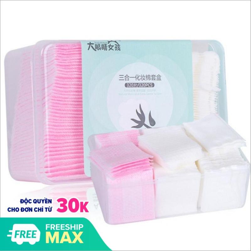 Hộp bông tẩy trang 320 miếng 3 in 1 cotton 100% mềm mịn, hộp bông tẩy trang 320 miếng tiện lợi, Hộp đựng bằng nhựa giúp dễ bảo quản và sạch sẽ