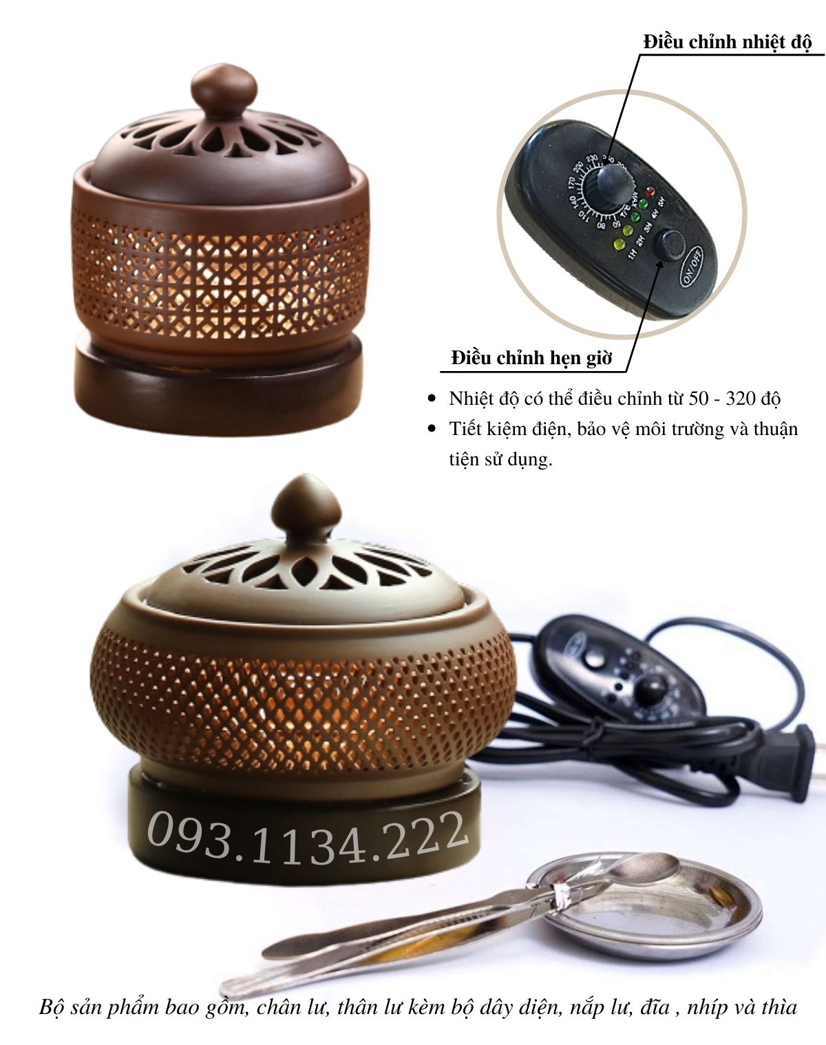 Lư điện xông bột gỗ, trầm, trầm miếng , dăm, lư hương lò xông bằng điện có hẹn giờ, có đèn đủ phụ kiện