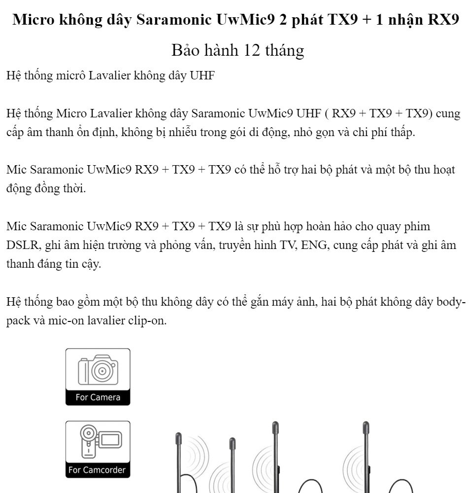 Micro không dây Saramonic UwMic9 2 phát TX9 + 1 nhận RX9 - Bảo hành