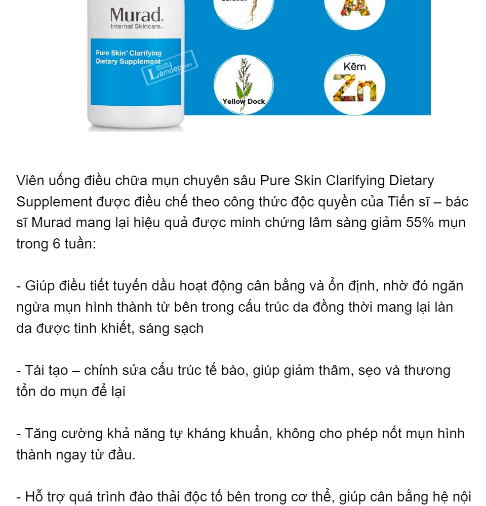 [hcm]viên uống giảm mụn murad pure skin clarifying dietary supplement 120 viên 3