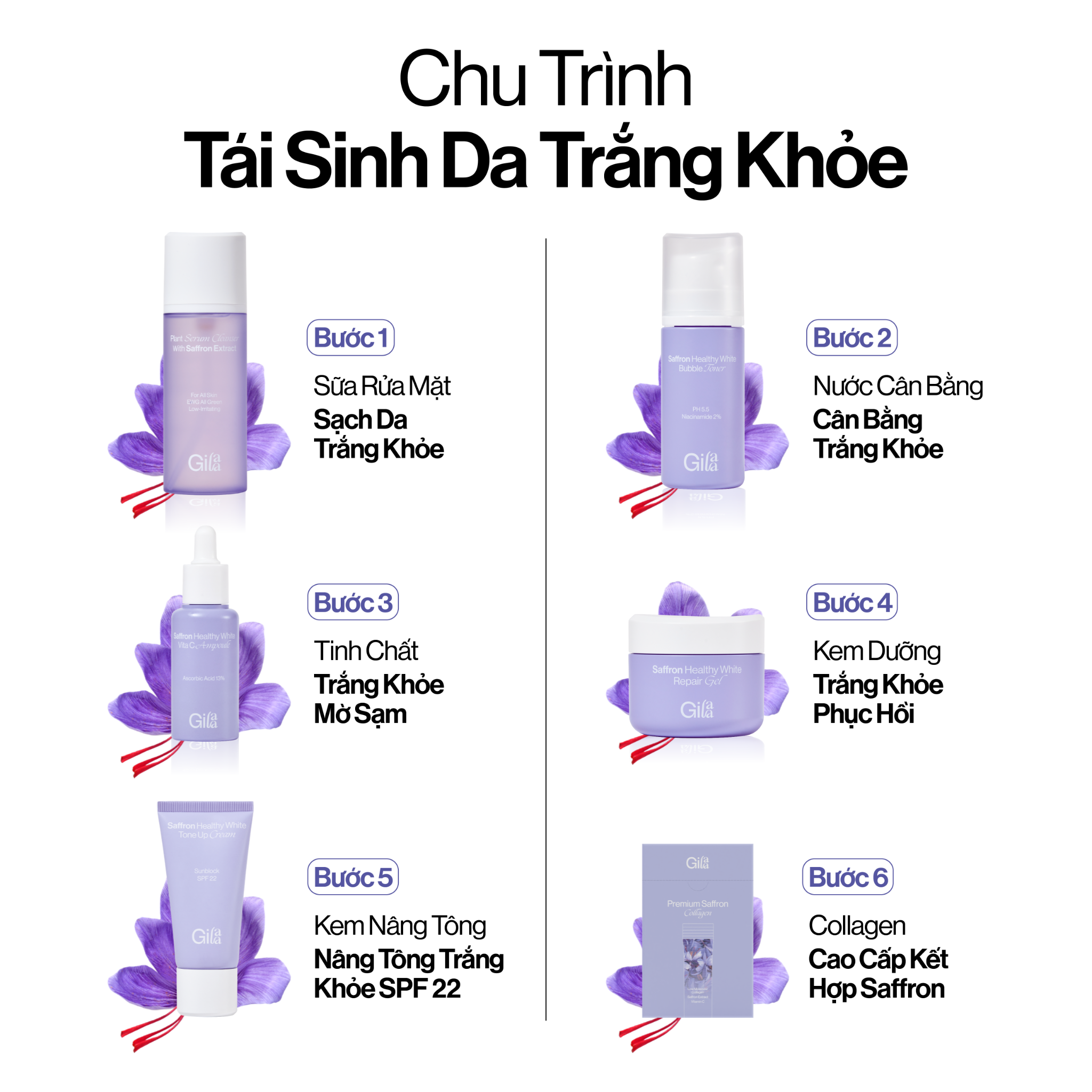 Bộ 4 sản phẩm dưỡng da Gillaa / Bộ dưỡng trắng  Gilaa Saffron Tone Up Repair / Bộ xoá mụn Gilaa Blemish Repair