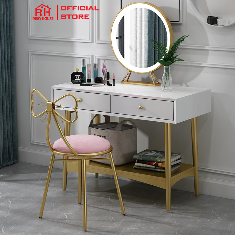 Ghế nơ ngồi trang điểm RIBO HOUSE phong cách hàn quốc khung kim loại chắc chắn bọc nệm cực êm để phòng ngủ hoặc phòng khách màu hồng RIBO40x1