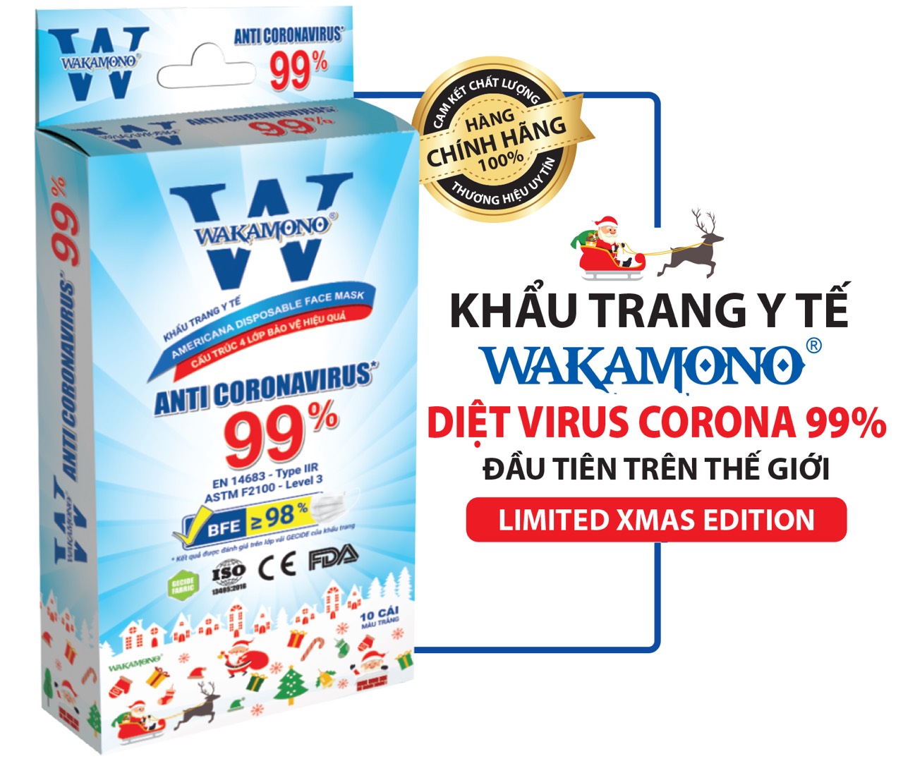 Khẩu trang Wakamono Người Lớn phiên bản Giáng Sinh 4 Lớp (Hộp 10 chiếc)