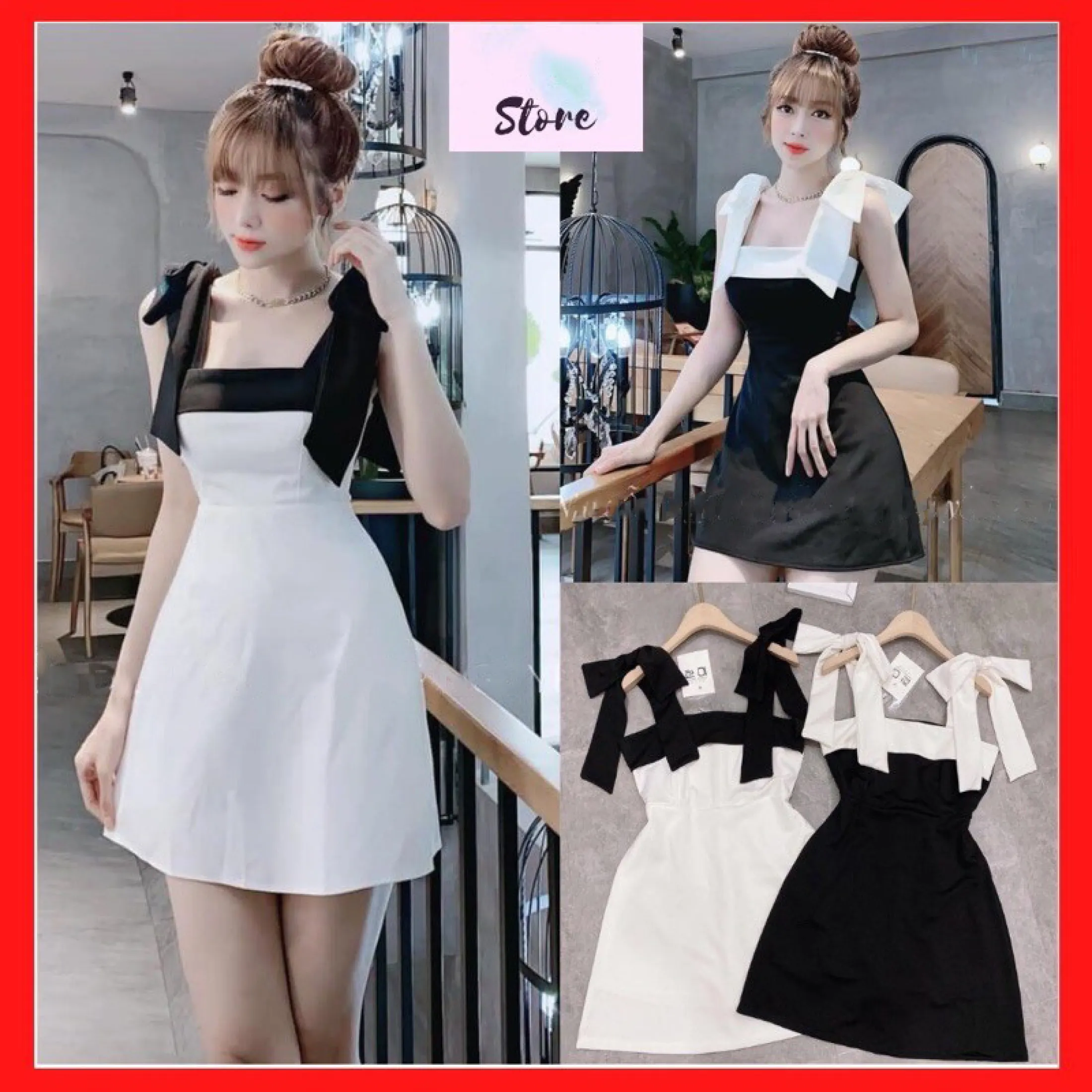 Váy đầm nữ 2 dây 2 màu cổ vuông ôm eo dáng xòe dễ thương xinh xắn thời trang